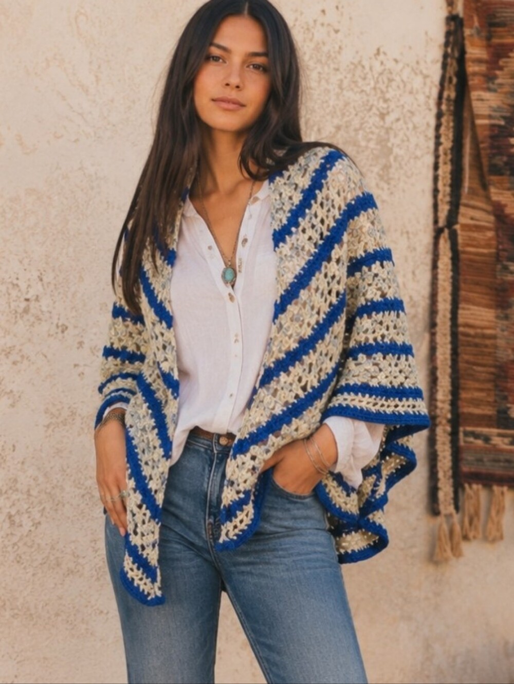 Handmade Blue/Cream striped Open-Front Knit Boho Cottagecore Crochet Shawl Wrap